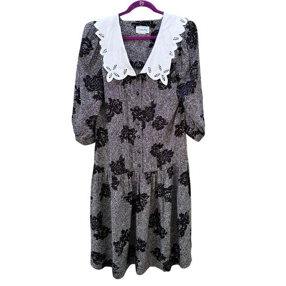 Vintage 80's Leslie Fay Drop Waist Black White Floral Dress - Picture 1 of 9
